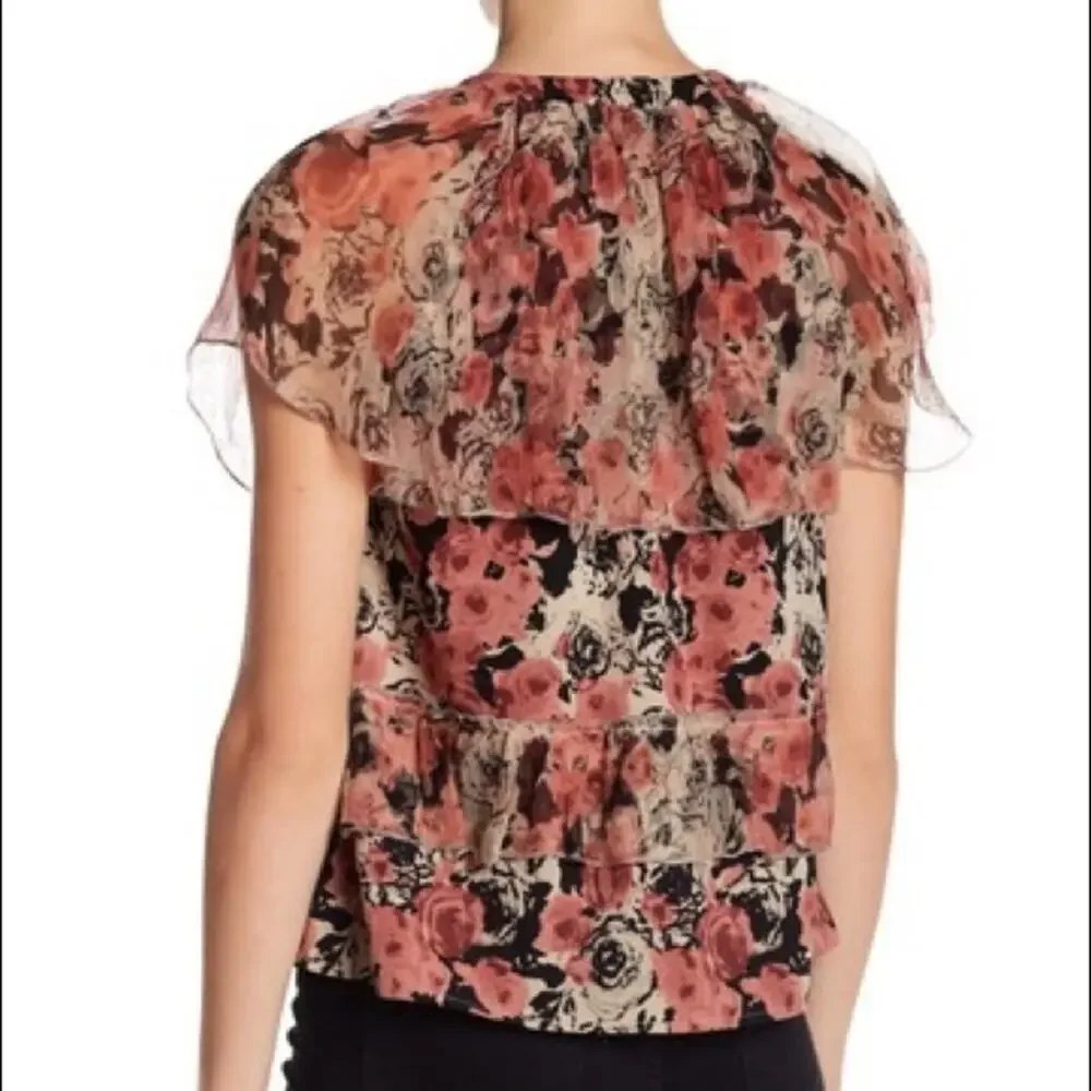 Lucky Brand Ruffled Rose Print Top Lace Up Tiered